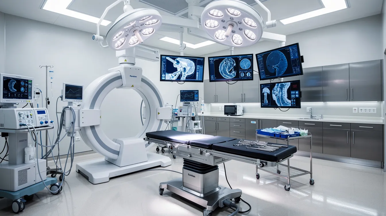 The image depicts a modern surgical suite equipped with advanced medical imaging technology, ideal for procedures like the Brazilian butt lift. This sterile environment showcases the tools and equipment used by board-certified plastic surgeons to perform various body contouring surgeries, ensuring safety and precision during operations.