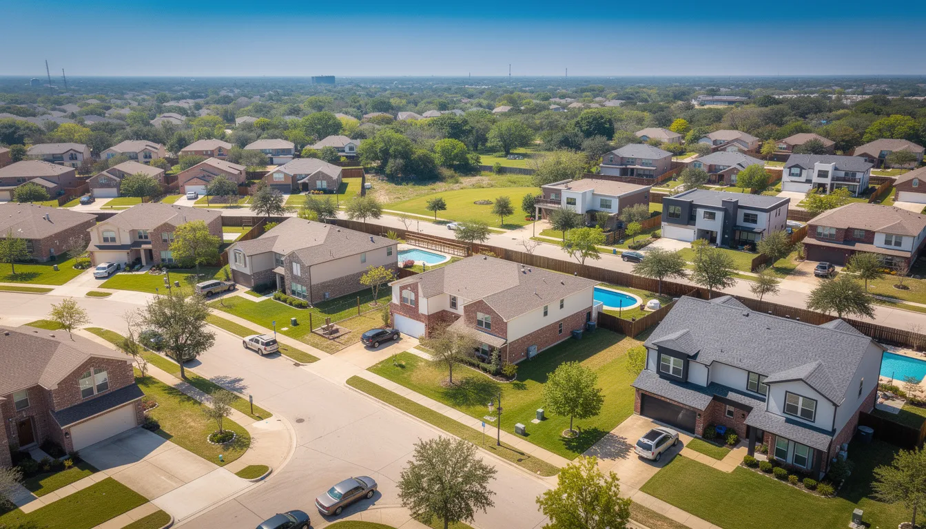 An aerial view of a Houston residential neighborhood showcases a variety of home types, highlighting the importance of emergency board up services in protecting properties from potential storm damage and further damage caused by broken windows. This scene emphasizes the need for property owners to secure their homes and minimize risks during disaster strikes.