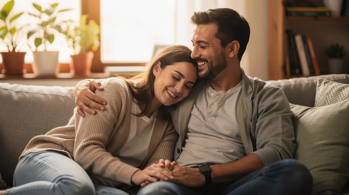 A couple sits comfortably together, holding hands and smiling, showcasing the joy and ease of being themselves in a healthy relationship. Their body language reflects a strong connection, emphasizing the importance of feeling heard and supported in a romantic partnership.