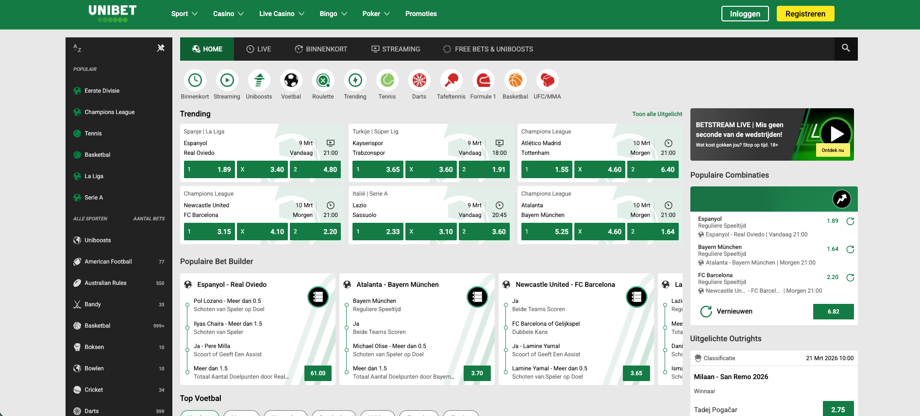 Overzicht van Unibet sportsbook, waar spelers kunnen wedden op voetbal, tennis, basketbal en andere sporten, met live odds, trending wedstrijden, bet builder opties en populaire competities zoals de Champions League en La Liga