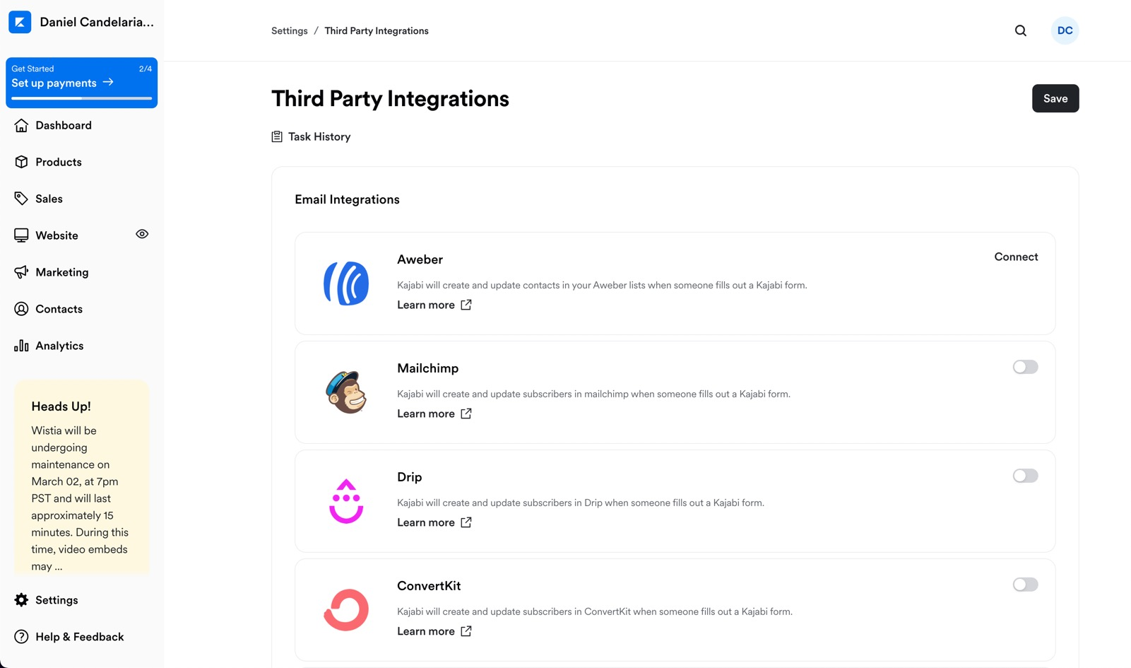 Kajabi's Third Party Integrations Page.