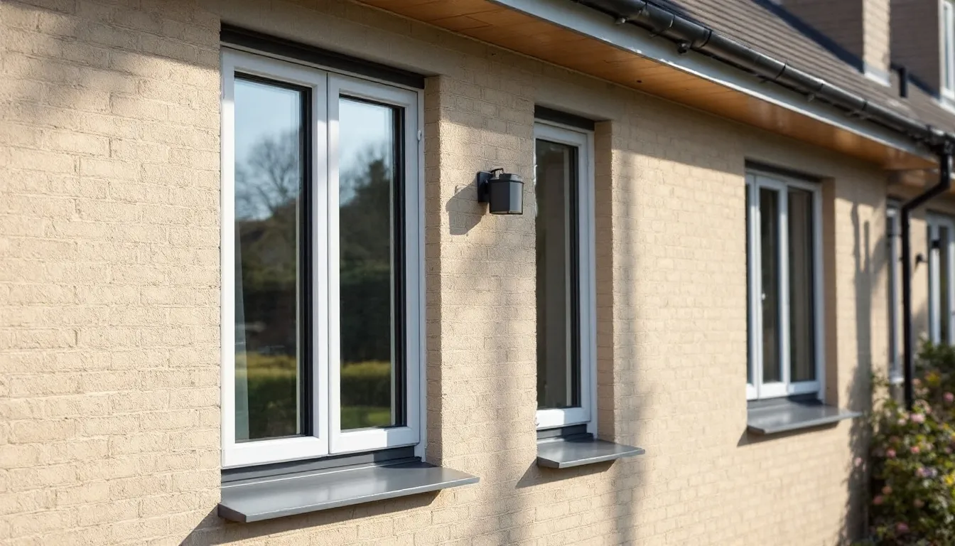 Een rijtjeshuis met moderne, witte kunststof kozijnen en antraciete accenten, voorzien van draai-kiepramen voor optimale ventilatie en uitstekende isolatie. Deze nieuwe kunststof kozijnen bieden een duurzame en energiezuinige oplossing voor woningverbetering.