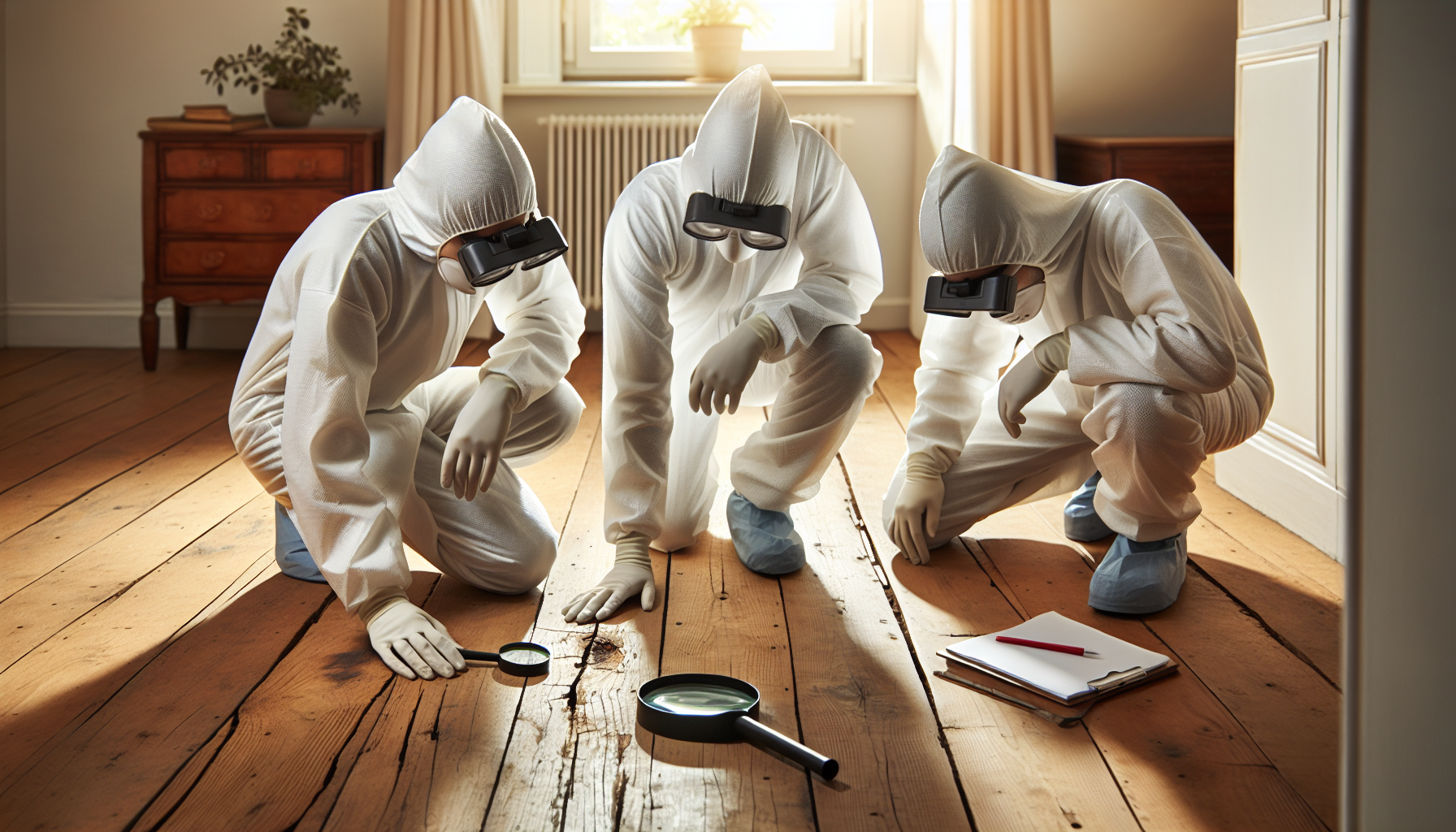 Professional hardwood floor repair team assessing damaged flooring