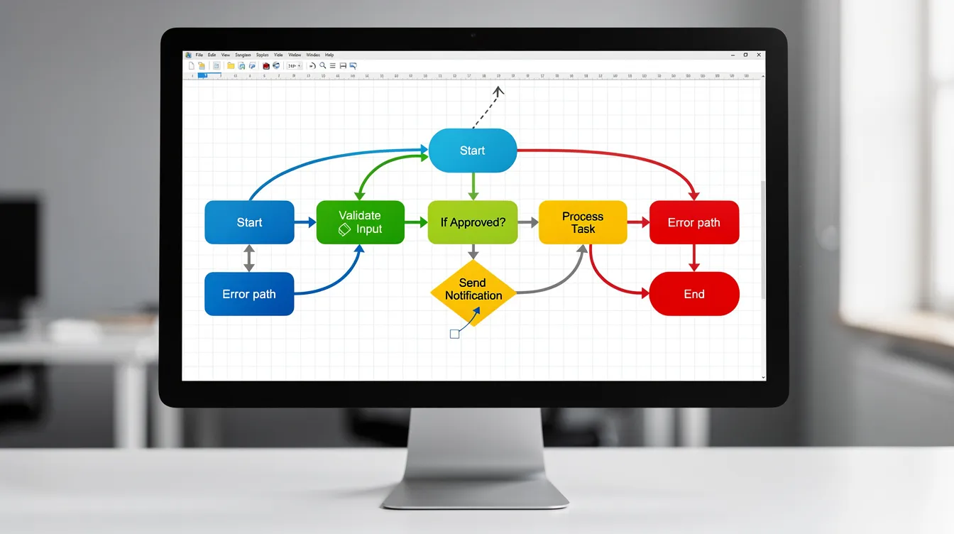 The image features a computer screen displaying a vibrant workflow diagram, illustrating interconnected nodes and decision points that represent various business processes and strategies. This visual aids in better understanding business model innovations and strategic planning for companies aiming to enhance their performance and growth.
