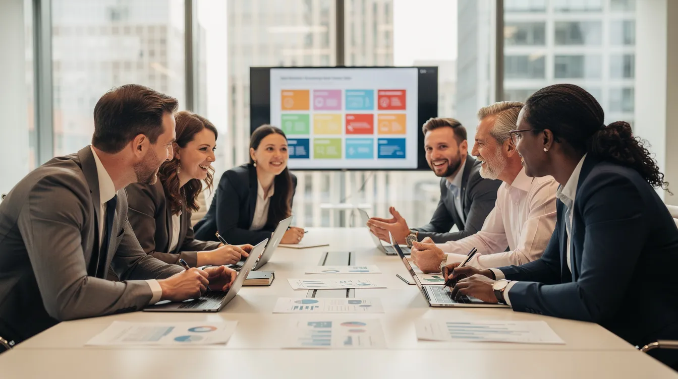 Une équipe de professionnels est réunie autour d'une table lors d'une réunion de travail collaborative, discutant de la mise en œuvre de solutions pour accompagner le changement au sein de leur entreprise. L'atmosphère est dynamique, reflétant un engagement collectif vers l'innovation et la gestion des transformations.