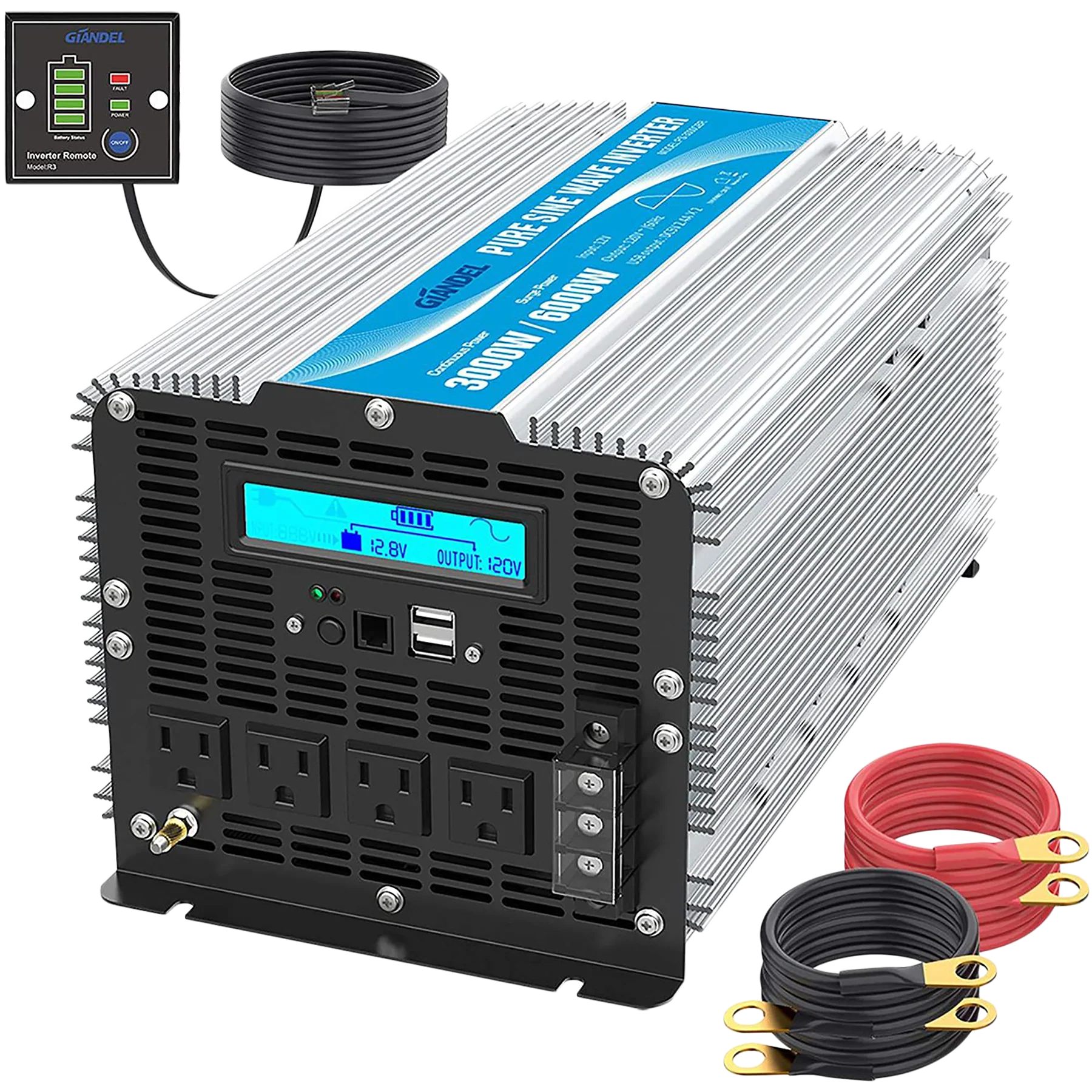 A picture of a 3000W 12V pure sine wave inverter with AC power and DC power outputs connected to a battery and electrical system, with AC outlets and additional features