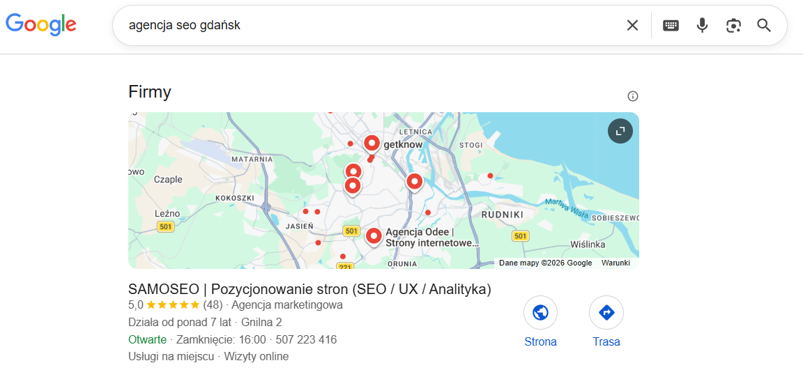 Local Packs i Mapy Google - przykład odpowiedzi zero-click searches.