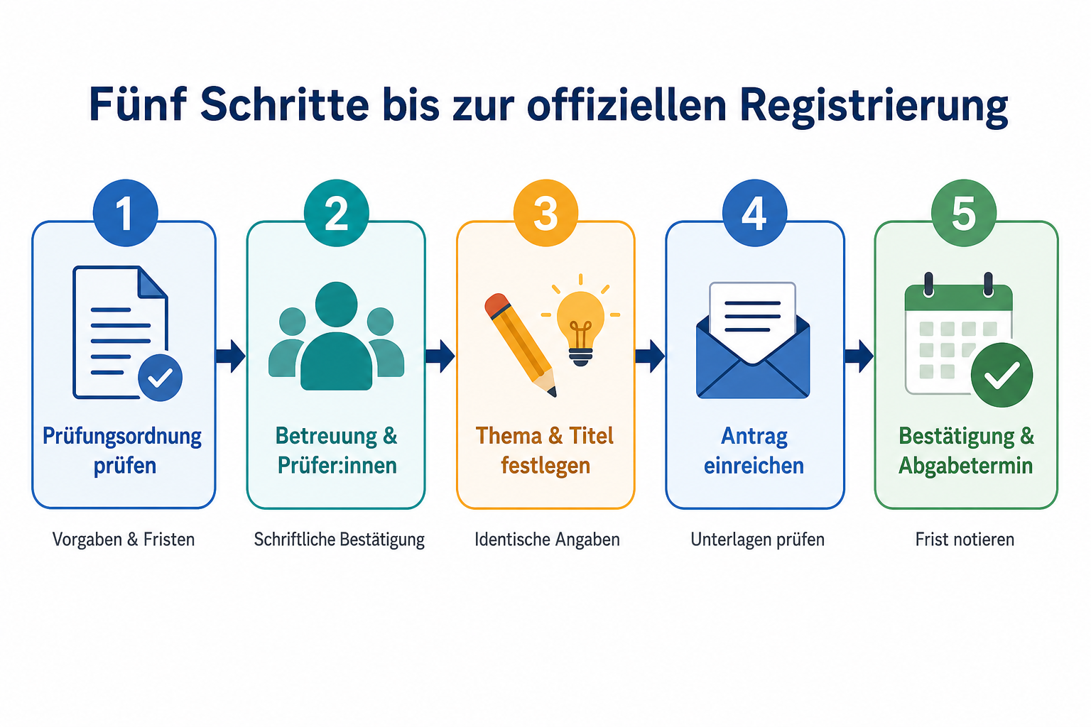 Infografik: Fünf Schritte zur offiziellen Registrierung der Bachelorarbeit – von der Prüfungsordnung bis zum Abgabetermin.