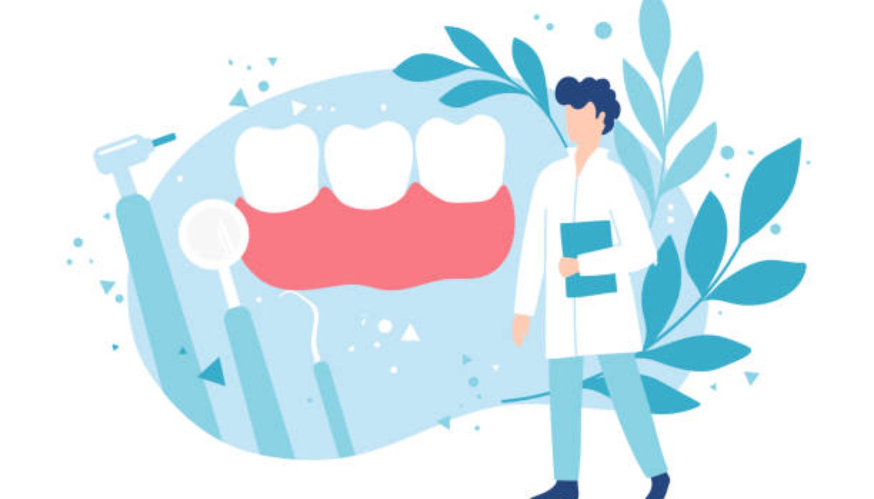 Hvordan Forebygge Tannkjøttbetennelse: En Omfattende Guide 15 Illustrasjon av tannlege foran store tenner og tannkjøtt med tannlegeverktøy, omgitt av blå blader og moderne grafiske elementer.