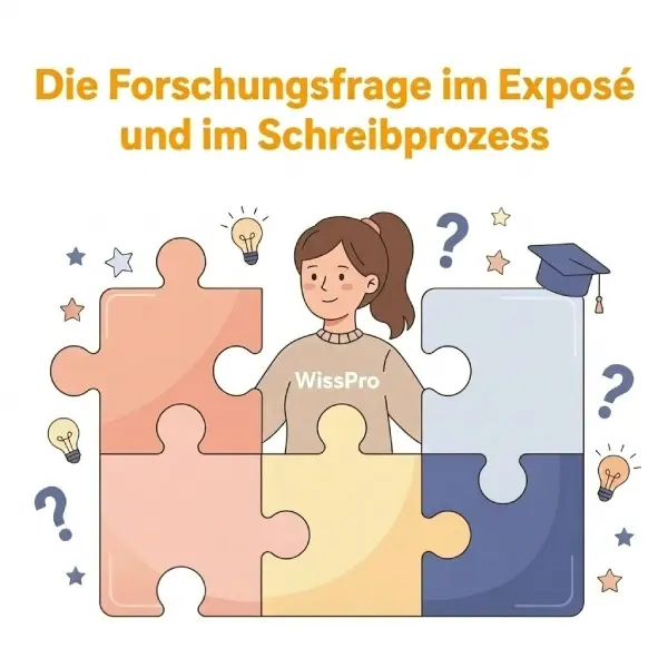Die Forschungsfrage im Exposé und im Schreibprozess – Illustration mit Studentin, Puzzleteilen und Symbolen für wissenschaftliches Arbeiten