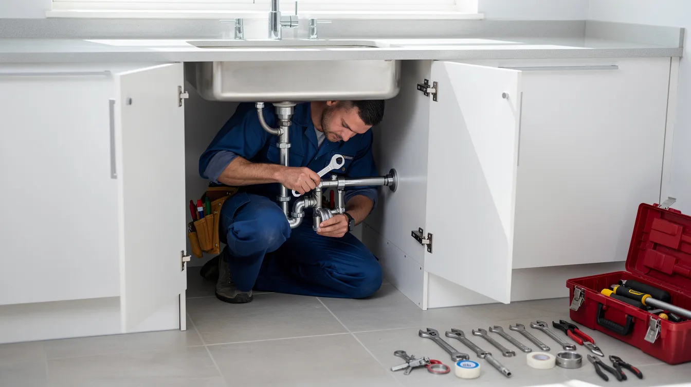 A professional plumber is crouching under a kitchen sink, focused on repairing pipes, with various tools and wrenches neatly laid out nearby. This image highlights the importance of plumbing repairs and the expertise of licensed plumbers in addressing plumbing issues such as leaky faucets and clogged drains.