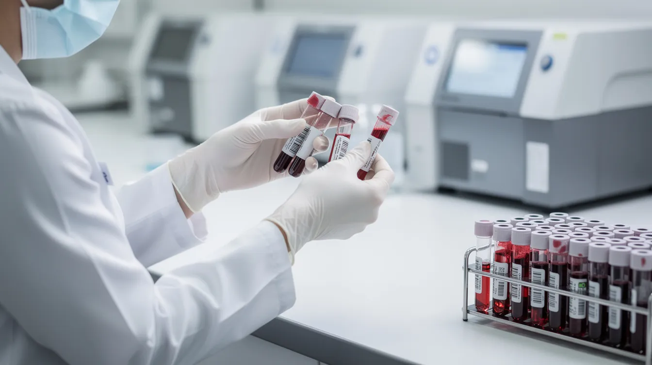 A laboratory technician is carefully handling blood sample vials in a modern clinical setting, where they analyze epigenetic data to gain insights into a person&rsquo;s biological age and overall health. This process involves assessing blood biomarkers and epigenetic changes, contributing to a comprehensive view of longevity and personalized recommendations for patients.