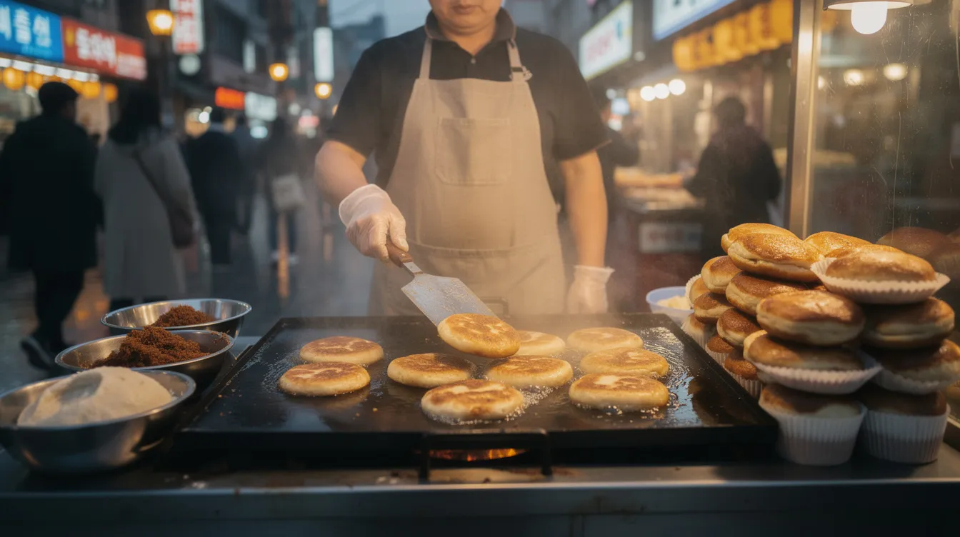 A Korean street food vendor is cooking hotteok on a large flat griddle, with steam rising from the sweet pancakes filled with brown sugar and cinnamon.