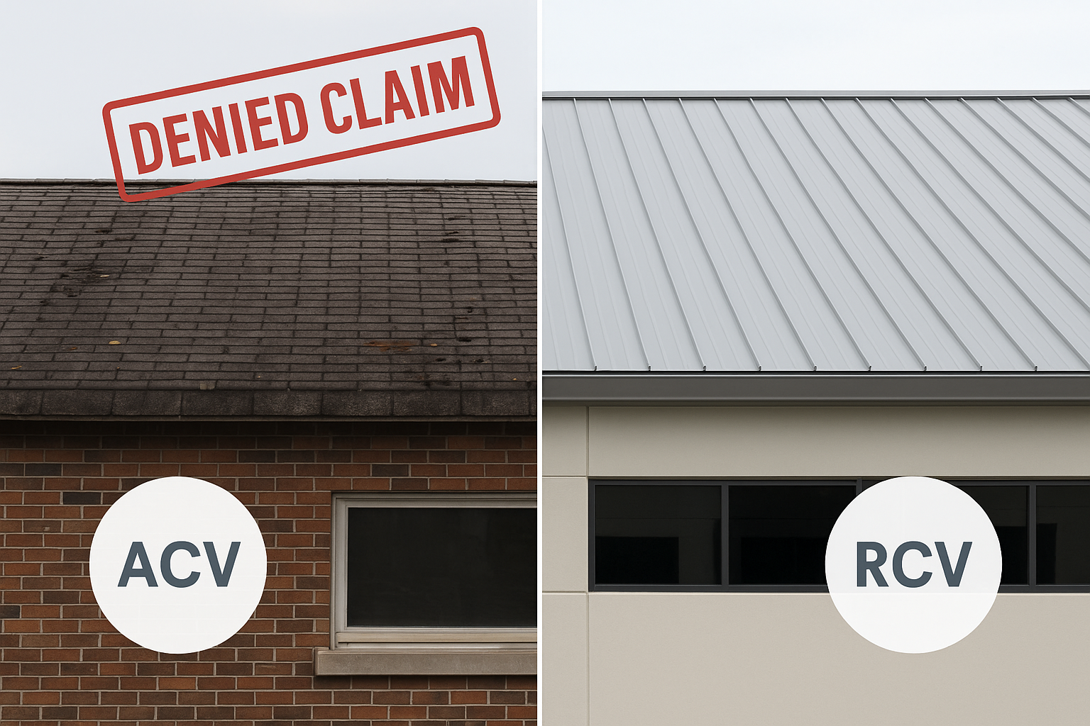 A split-screen image displays two commercial buildings: on the left, an old structure with a deteriorating roof showing faded shingles and water damage, marked with a “Denied Claim” stamp, while the right side features a modern, newly installed roof. Subtle graphics representing “ACV” and “RCV” are overlaid on each side, illustrating the importance of commercial property insurance coverage and the potential impact of claims on business property.