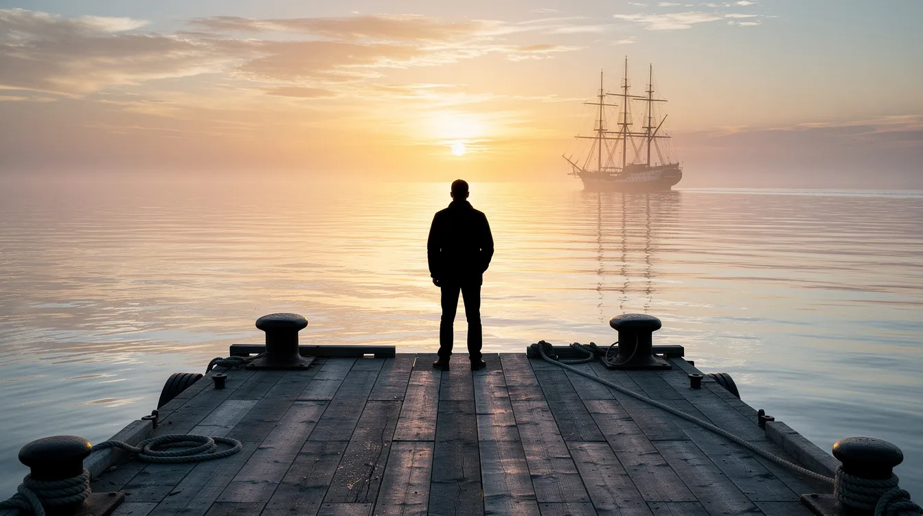 Eine silhouettierte Figur steht am grauen Hafensteg und blickt auf ein Schiff, das in goldenem Licht auf einem ruhigen Meer bei Sonnenuntergang segelt. Die Szene erinnert an die epischen Reisen in der "Der Herr der Ringe"-Trilogie, wo Abenteuer und Entdeckungen im Mittelpunkt stehen.