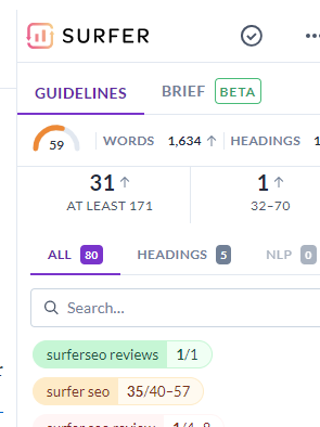 area screenshot showing keywords and amount of number Surfer SEO recommends that they be used