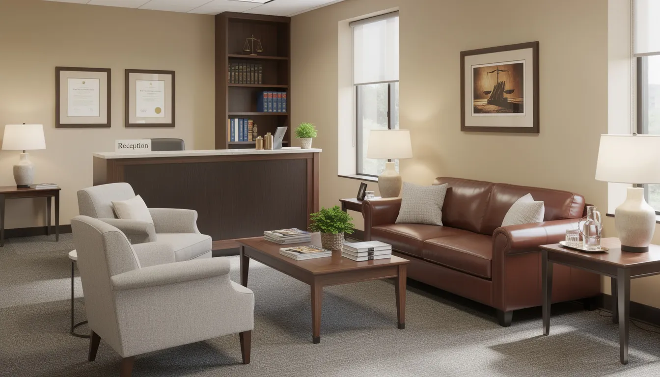 The image depicts a welcoming law office waiting area featuring comfortable seating, designed to create a calm environment for clients seeking legal representation for medical malpractice claims. The space is inviting, emphasizing a professional yet approachable atmosphere for individuals dealing with medical negligence or seeking advice from experienced Cincinnati medical malpractice attorneys.
