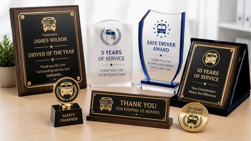 Custom bus driver trophies, plaques, and service awards displayed for recognition programs