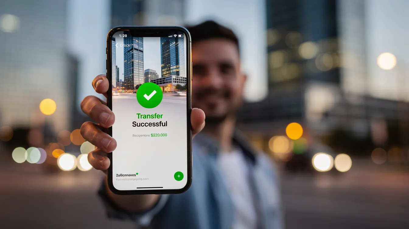 A person is holding a smartphone that displays a money transfer confirmation screen, while a blurred cityscape serves as the backdrop. This image highlights the ease of managing funds through a digital account, such as the Roshan Digital Account, for overseas Pakistanis.