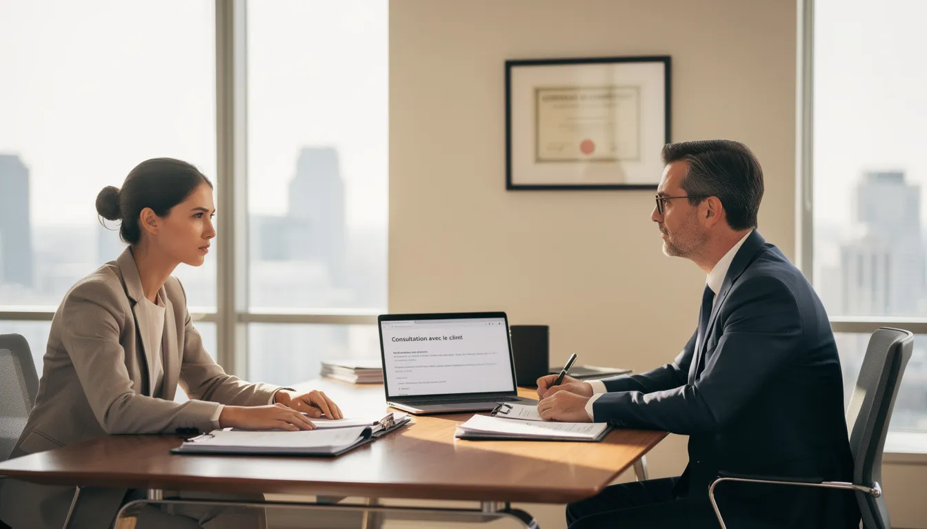 Une consultation professionnelle se déroule dans un bureau moderne, où un avocat discute avec son client sur des questions de fiscalité aux Émirats Arabes Unis, notamment sur la résidence fiscale et les implications de l'impôt sur le revenu à Dubaï. L'environnement est élégant, avec des éléments de luxe et un mobilier contemporain.