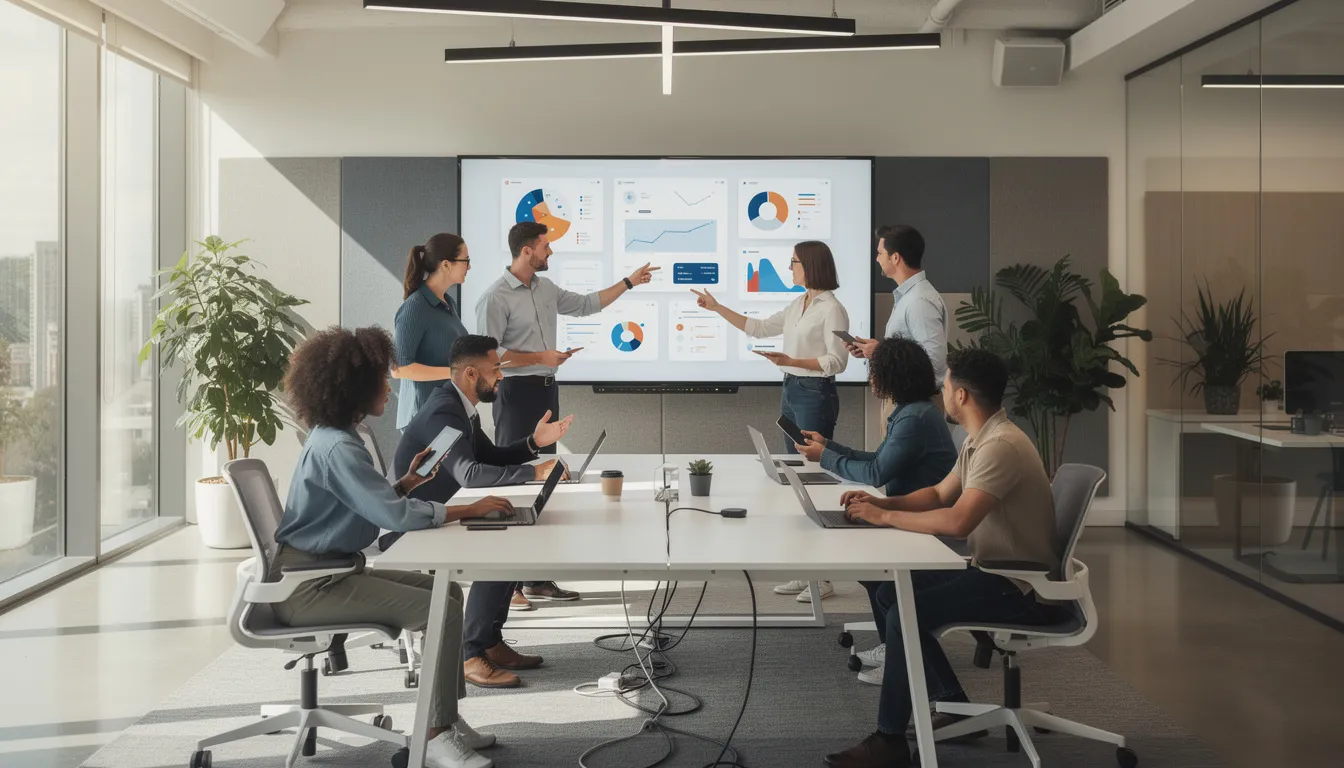 The image depicts a modern office environment where team members are actively collaborating around various technology tools, enhancing their productivity through the use of AI models and Google Workspace apps. The scene reflects a dynamic atmosphere focused on data-driven analysis and creative tasks, showcasing the integration of specialized tools for complex reasoning tasks.