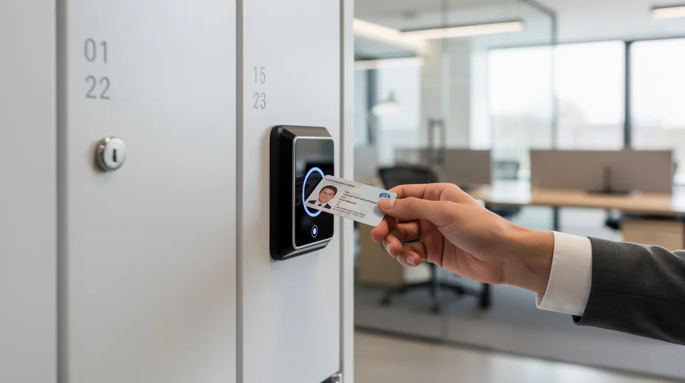 A person is using an employee ID badge to tap against a smart locker reader panel in a modern office environment, demonstrating how access control systems work through RFID technology. This interaction highlights the convenience and security provided by smart locker solutions for managing stored items in workplaces.