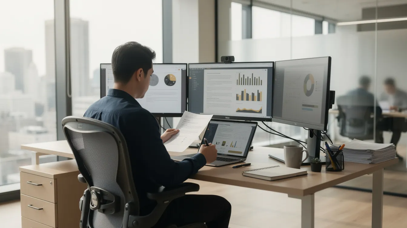 A person is seated at a modern office desk, focused on reviewing documents while using a laptop and dual monitors. This scene reflects the environment of coding professionals, such as certified medical coders and medical records specialists, who often work with electronic health records in healthcare organizations.
