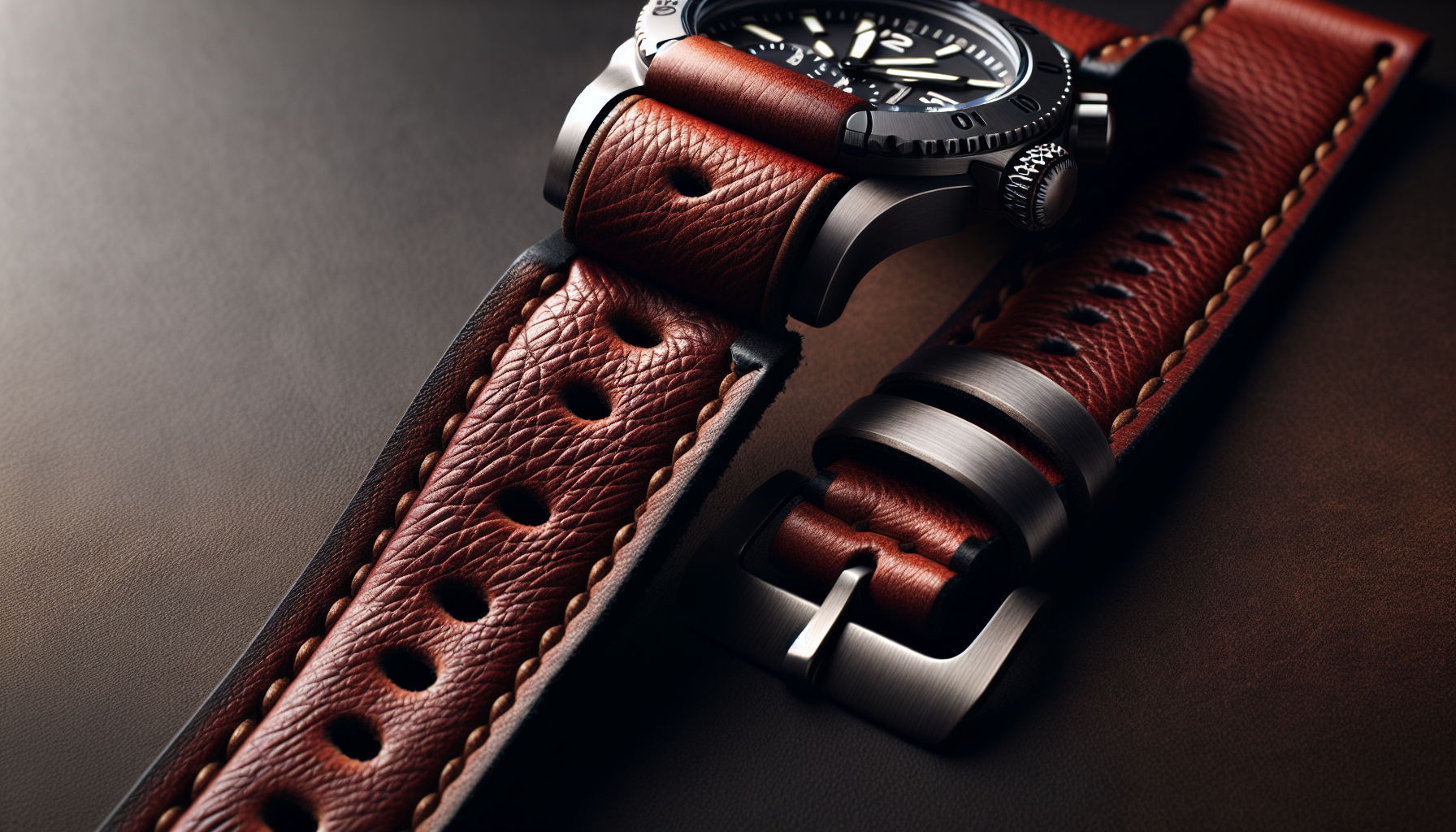 Close-up of a full-grain leather watch band with exquisite craftsmanship
