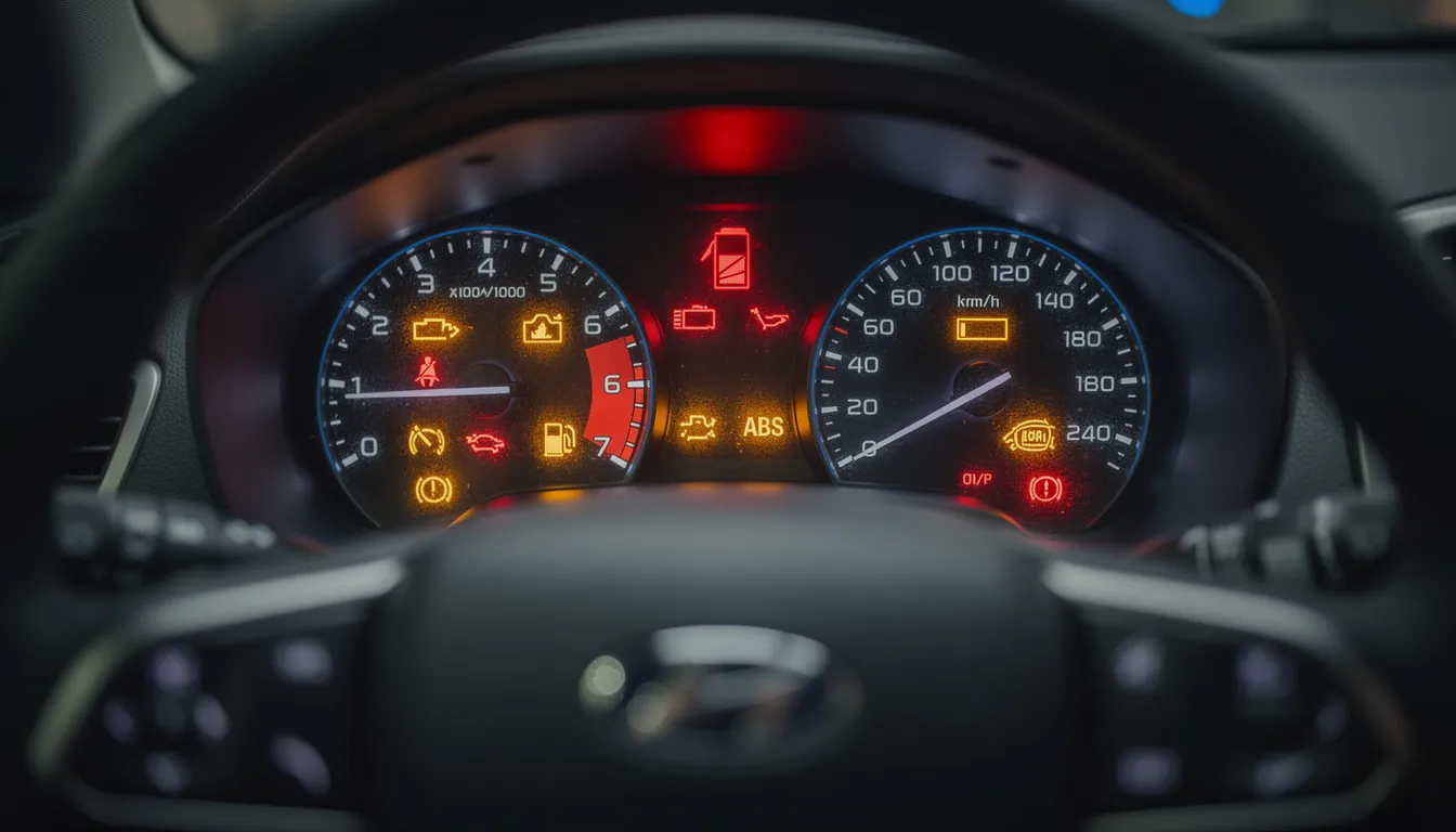 The image displays a dashboard view filled with various warning lights, prominently featuring the check engine light, alongside other diagnostic indicators that alert the driver to potential issues with the vehicle's systems. These warning lights suggest the need for further investigation using a code reader or an OBD II scanner to diagnose underlying problems.