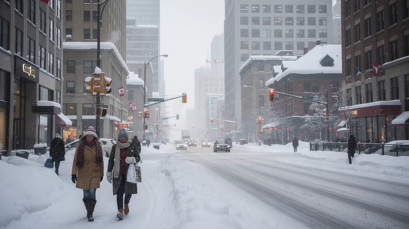 Un paysage urbain canadien en hiver montre des bâtiments recouverts de neige, tandis que des passants emmitouflés traversent la rue, évoquant la vie dynamique des étudiants qui choisissent d'étudier au Canada. Cette scène hivernale met en lumière les opportunités d'éducation dans ce pays, attirant de nombreux étudiants internationaux.