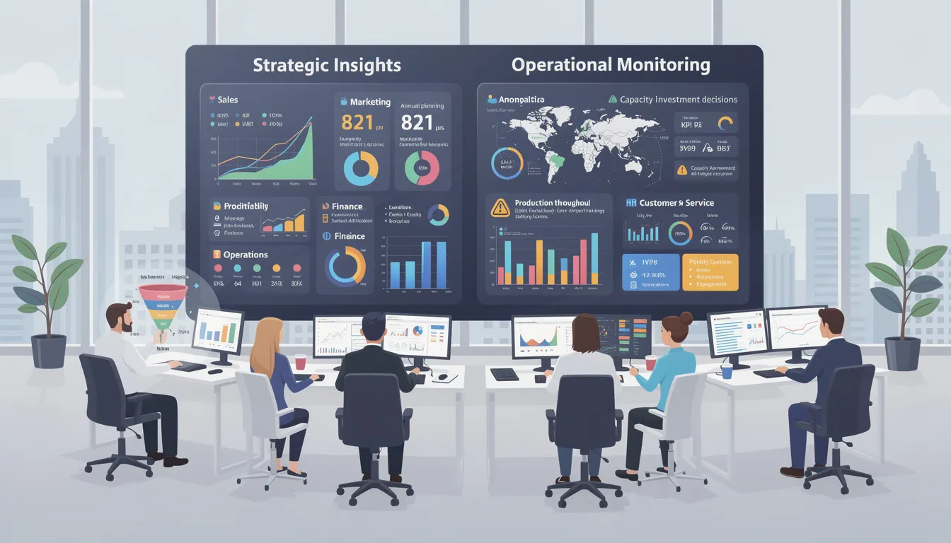 The image illustrates various common business intelligence use cases, showcasing how BI tools support decision-making across different business functions such as sales, marketing, and finance. It highlights the importance of data analysis, actionable insights, and the integration of structured and unstructured data for informed business decisions and strategic planning.