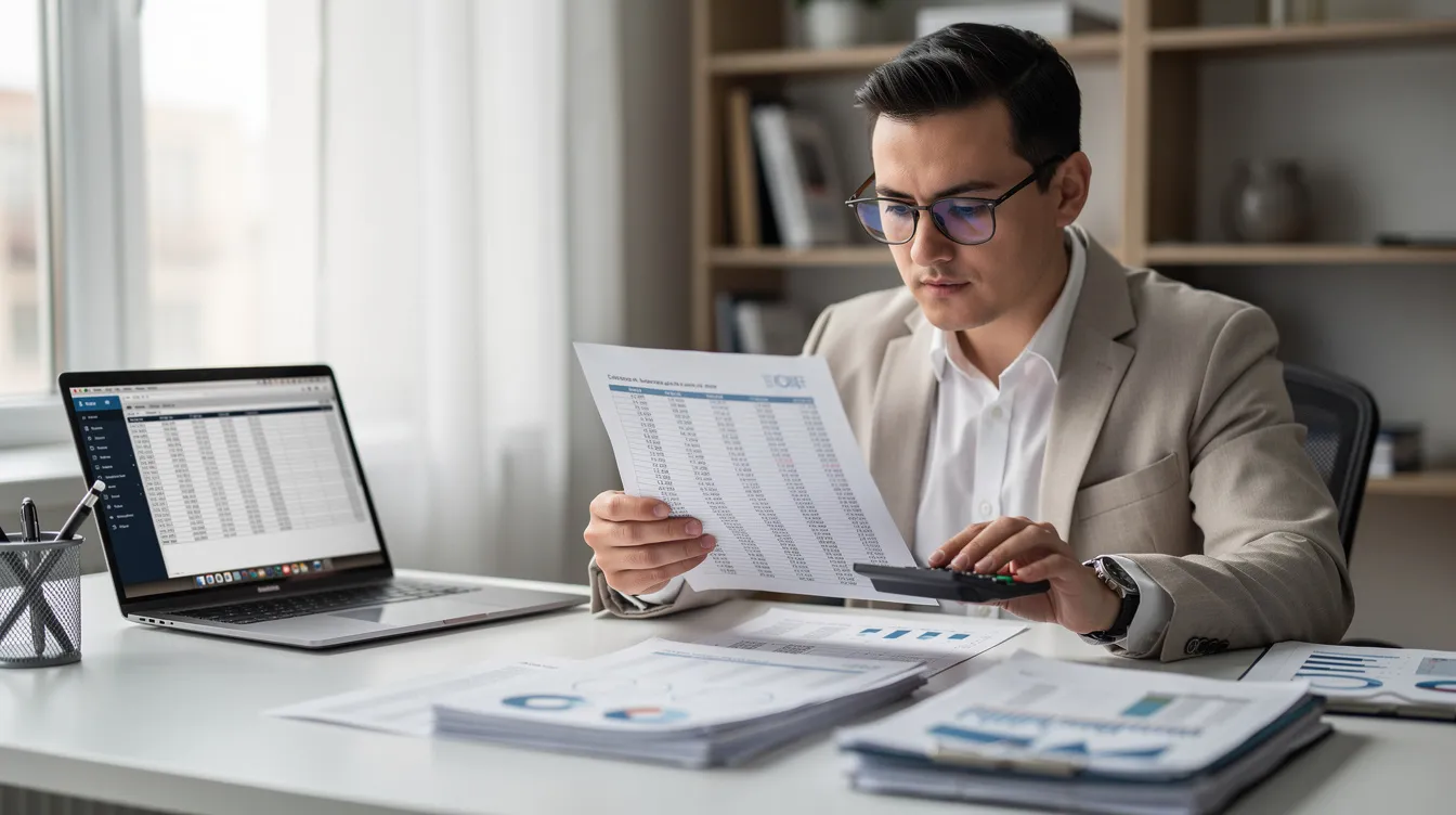 A professional accountant is seated at a desk, reviewing financial documents with a calculator and a laptop in front of them. This scene highlights the meticulous work involved in managing payroll records and preparing for potential employee retention credit (ERC) claims for small businesses.