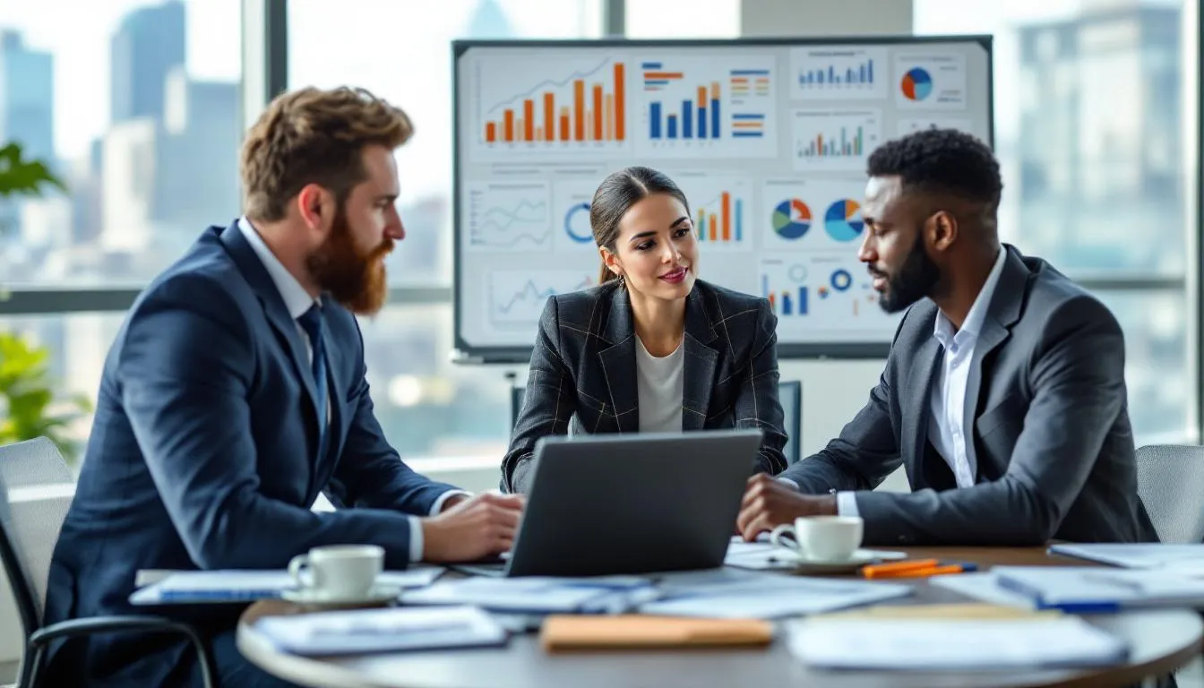 A group of business professionals is focused on analyzing marketing data displayed on laptops and charts, discussing strategies to enhance their marketing efforts. They are likely evaluating their marketing campaigns and utilizing digital marketing tools to gain valuable insights into their target audience and optimize their marketing strategy for better engagement with business buyers.