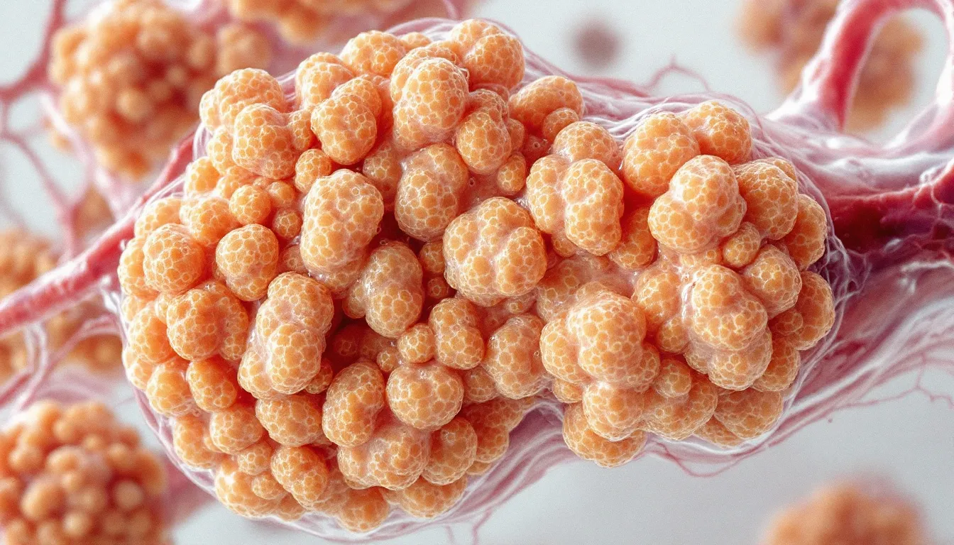 The image depicts brown fat cells, which are a type of adipose tissue known for their ability to burn calories and generate heat in the human body. These cells play a crucial role in maintaining body temperature and are considered healthier compared to white fat cells, which store excess energy.
