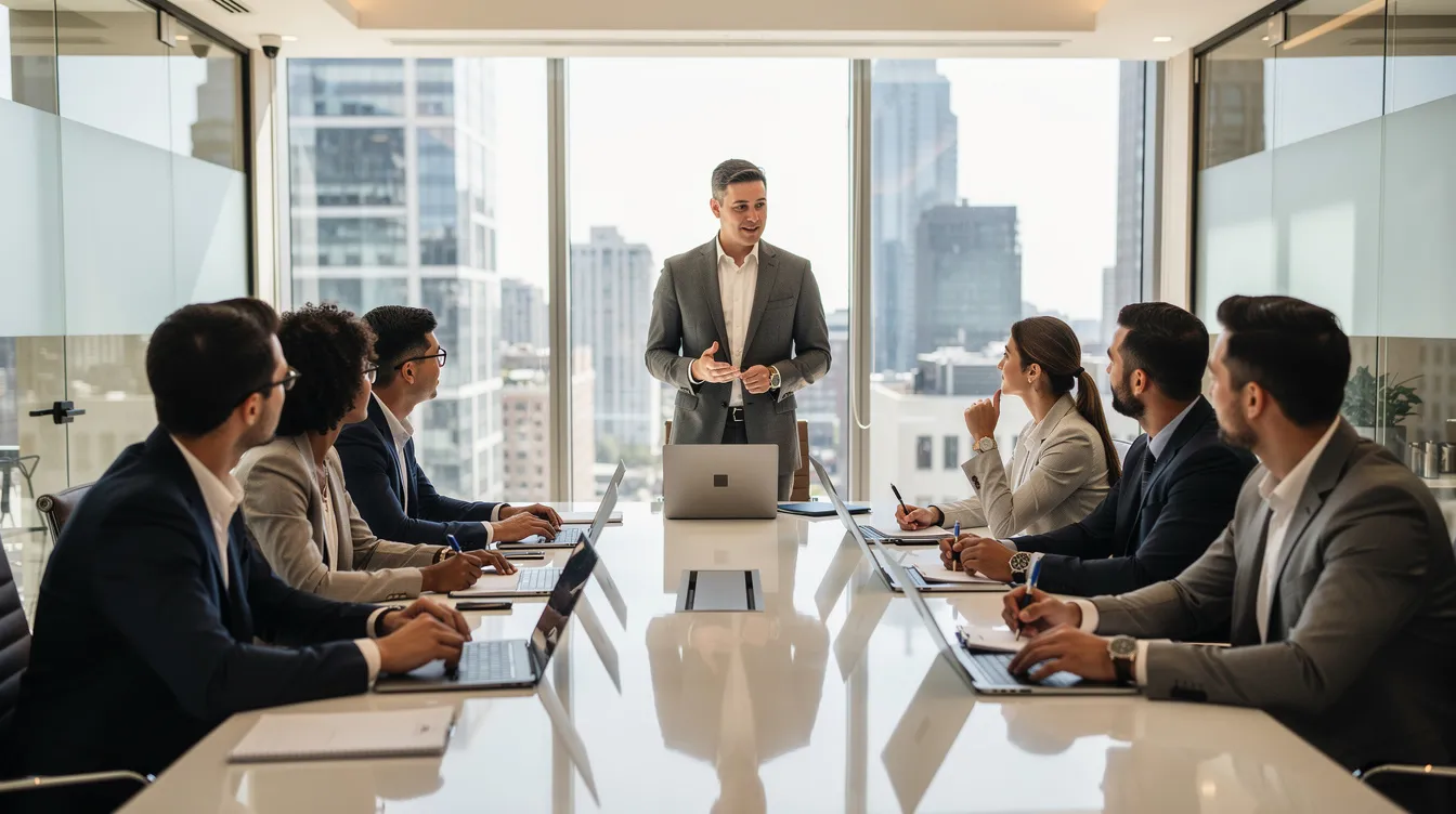 The image depicts a professional team meeting in an office setting, where employees are engaged in discussion around topics such as the employee retention credit and strategies for improving employee retention. The atmosphere is collaborative, with individuals sharing ideas on navigating tax credits and business recovery in light of recent challenges.
