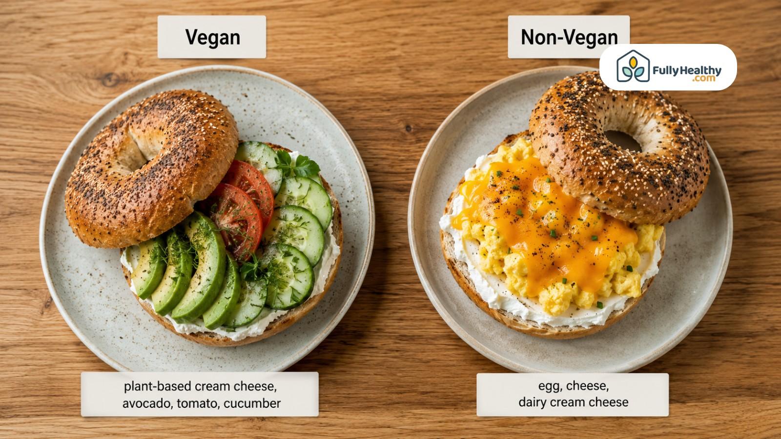 Vegan bagel with vegetables compared to non-vegan egg and cheese bagel