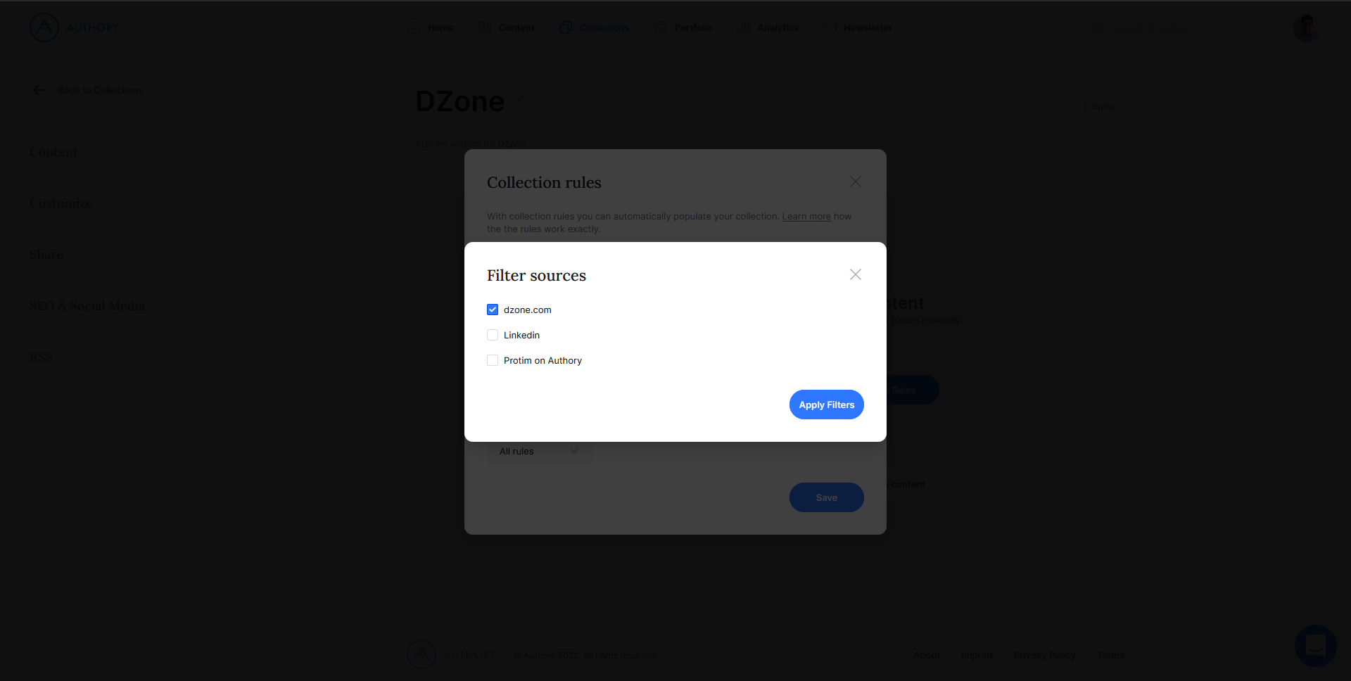 Selecting a source for your collection on Authory