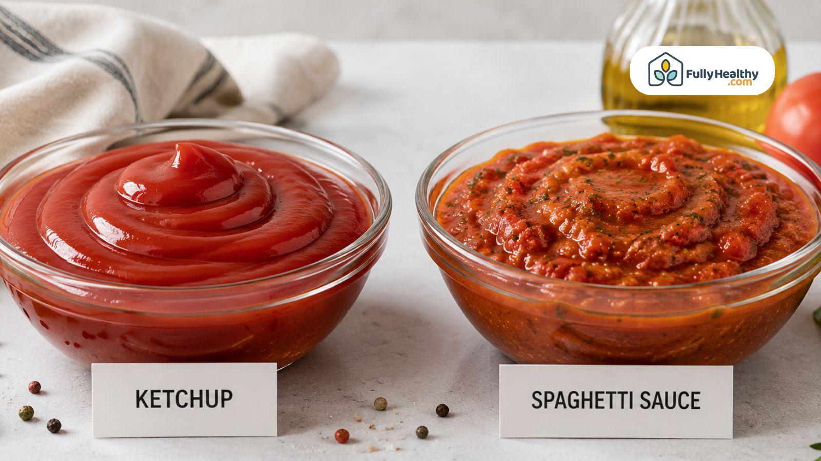 Ketchup and spaghetti sauce comparison highlighting color and consistency differences