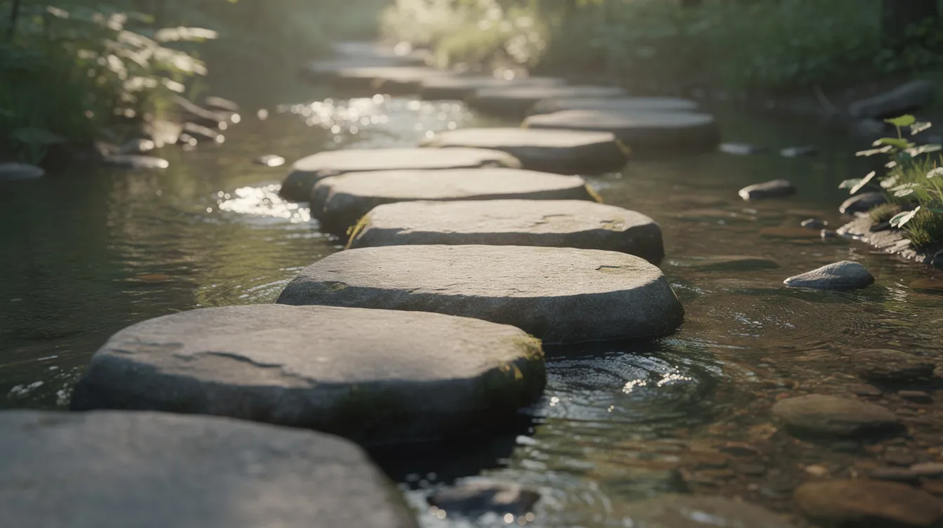 91dda0eb 9805 49d2 ad4b 4a7bf50446dc The image depicts stone stepping stones crossing a stream, symbolizing the progressive steps of business growth, akin to the journey of small businesses accessing financial assistance through mudra loans. Each stone represents a milestone, reflecting the success of entrepreneurs who have successfully repaid previous loans and created valuable assets.