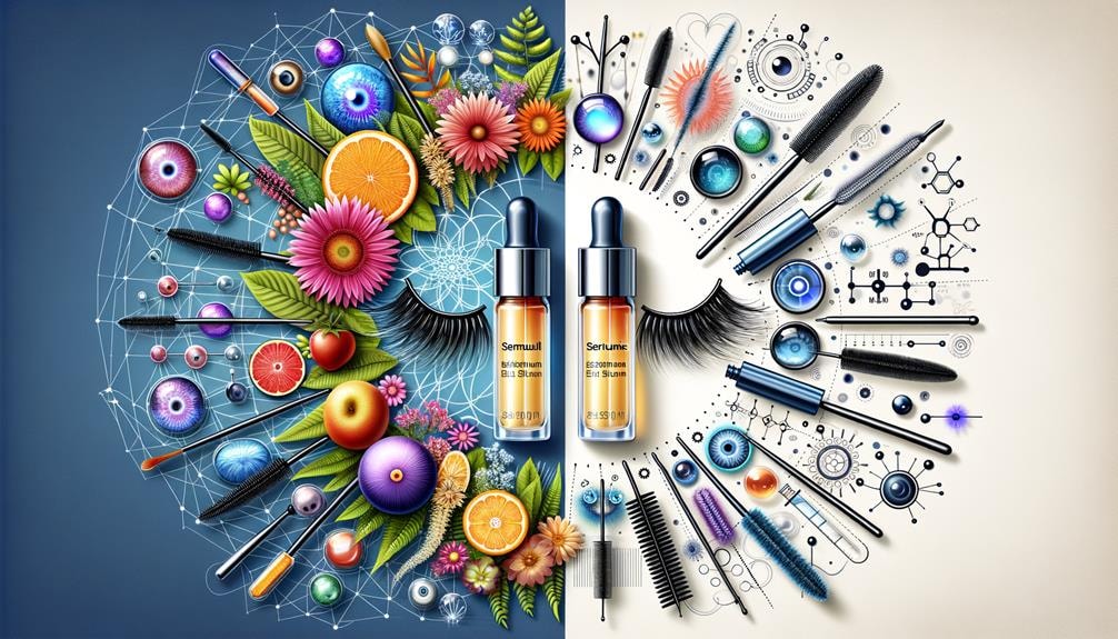 contrasting two eyelash serum bottles, one surrounded by natural elements and the other by synthetic symbols, with noticeable eyelashes in the background.