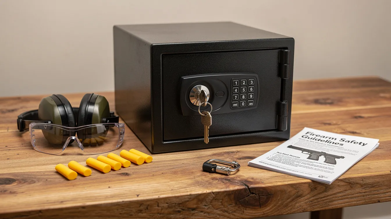 The image depicts a locked firearm safe positioned on a wooden table, accompanied by safety equipment such as gun locks and storage materials. This setting emphasizes the importance of secure firearm storage in accordance with gun safety laws and regulations, particularly relevant in Washington state.