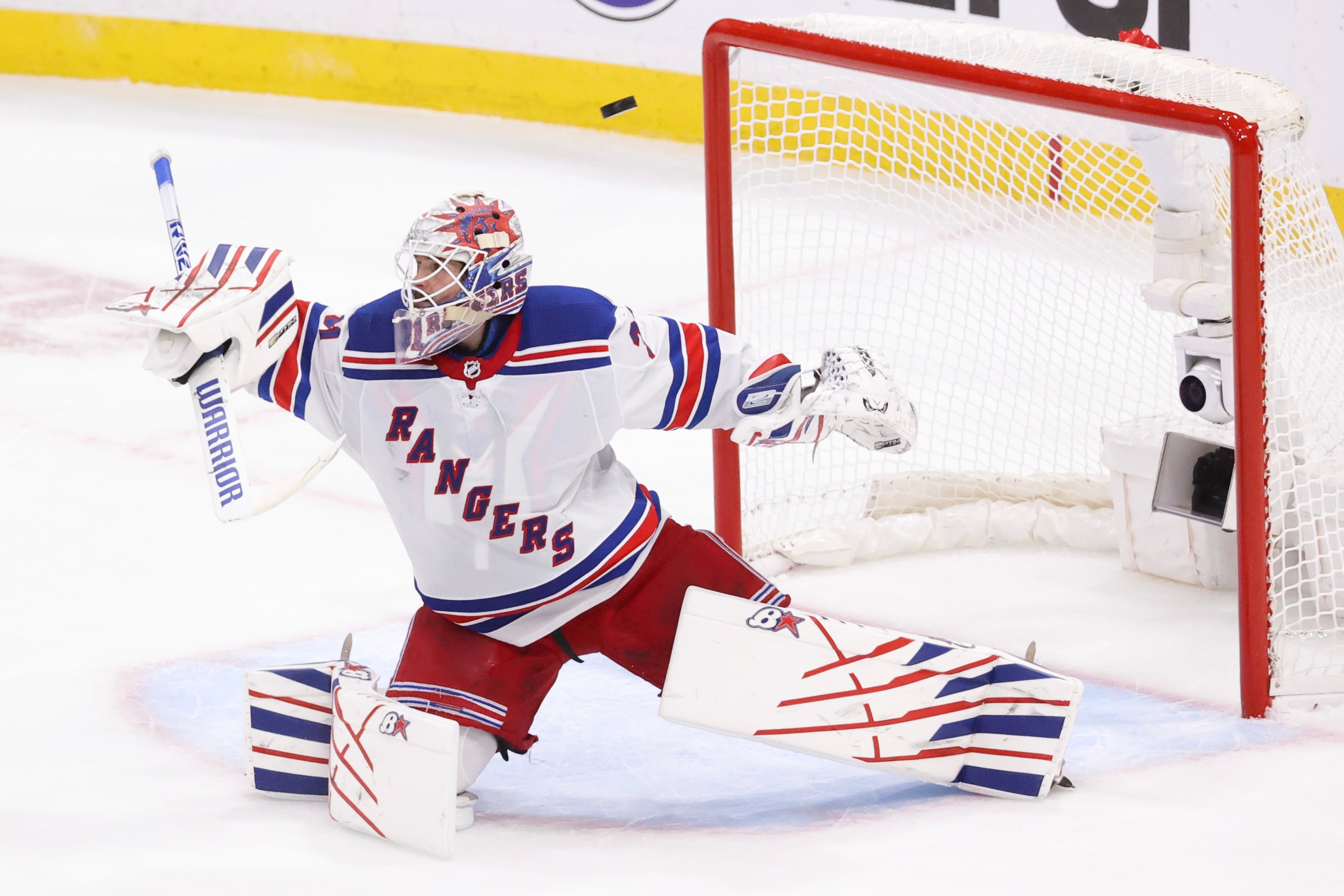 Igor Shesterkin of the New York Rangers defends his net during the Eastern Conference Final of the 2024 Stanley Cup Playoffs.