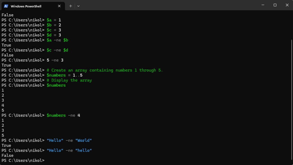 A PowerShell Command Prompt showing the statement "Hello" -ne "hello"