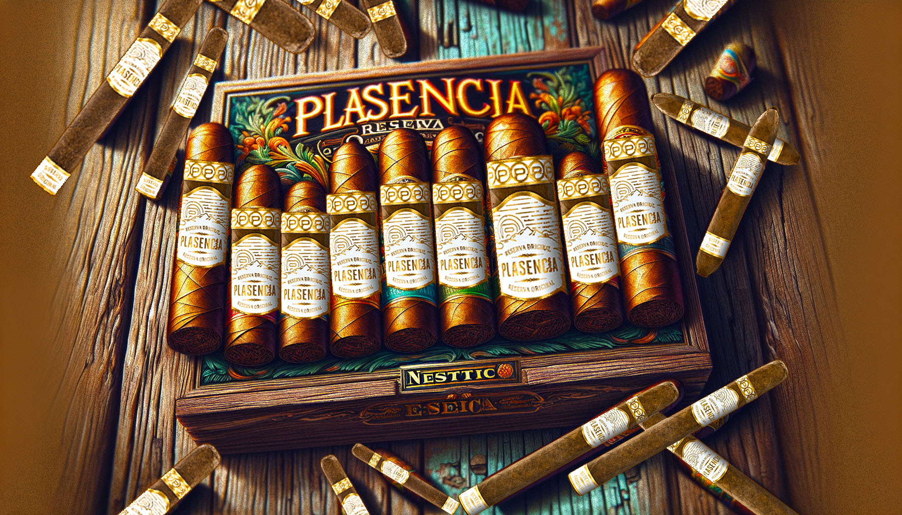 An illustration of various Plasencia Reserva Original Cigars including the Nestico.