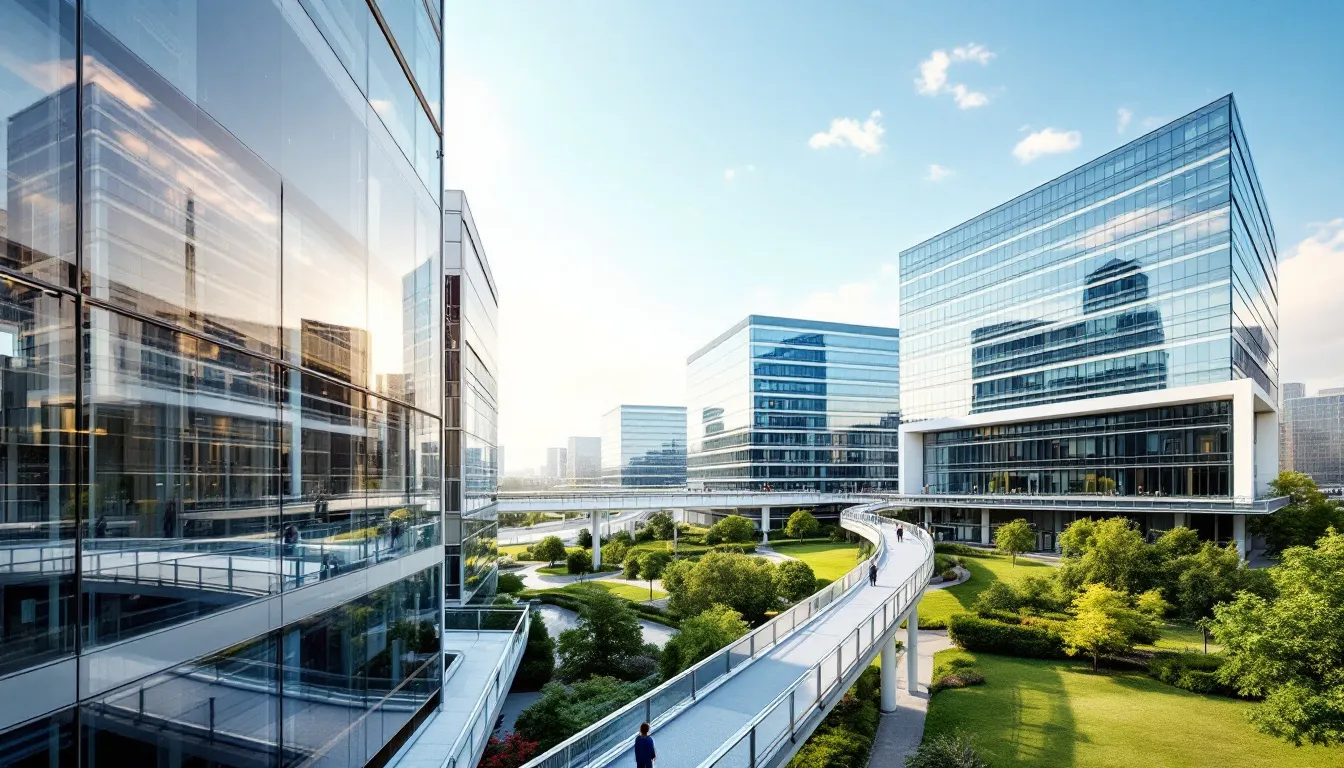 The image shows multiple interconnected office buildings symbolizing the complex infrastructure of management services organizations (MSOs) in the healthcare industry, which support medical practices and healthcare providers in managing administrative functions and ensuring compliance with federal and state regulations. These structures represent the collaborative effort in enhancing patient care and operational efficiency within corporate practices.