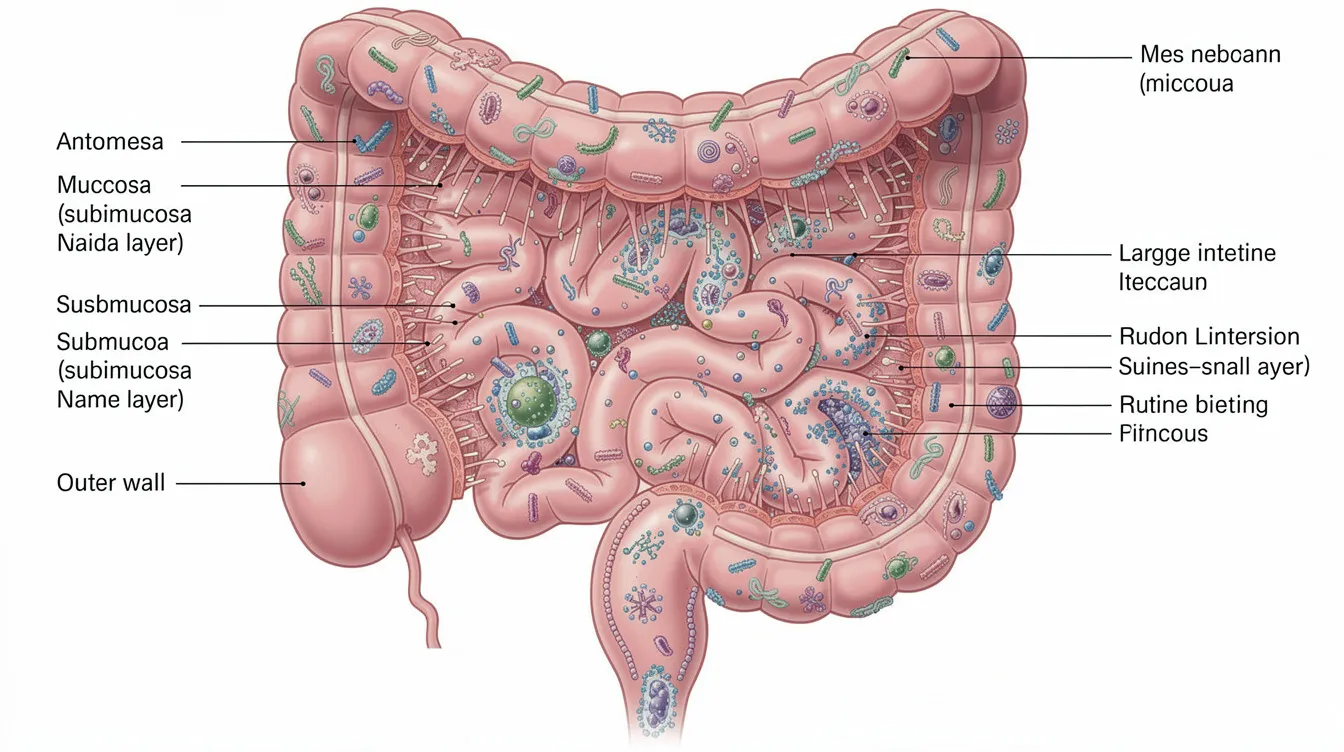 This cross-section illustration of the human intestinal system highlights the presence of gut bacteria, which play a crucial role in carbohydrate metabolism and overall metabolic health. The detailed view showcases the small intestine, emphasizing how these bacteria can influence blood sugar control and improve insulin sensitivity, potentially aiding in weight loss and promoting longevity.