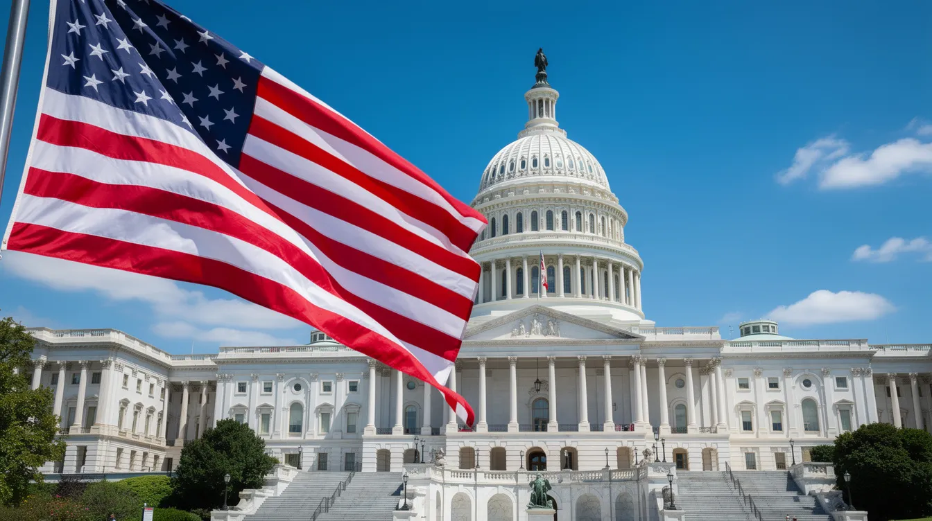 Das Bild zeigt das Kapitol der Vereinigten Staaten, majestätisch im Hintergrund, während im Vordergrund die amerikanische Flagge weht. Diese ikonische Architektur steht im Zentrum der politischen Diskussionen über den Rescheduling-Prozess von Cannabis und die damit verbundenen Gesetze, die von verschiedenen Regierungsbehörden, einschließlich des Gesundheitsministeriums, behandelt werden.