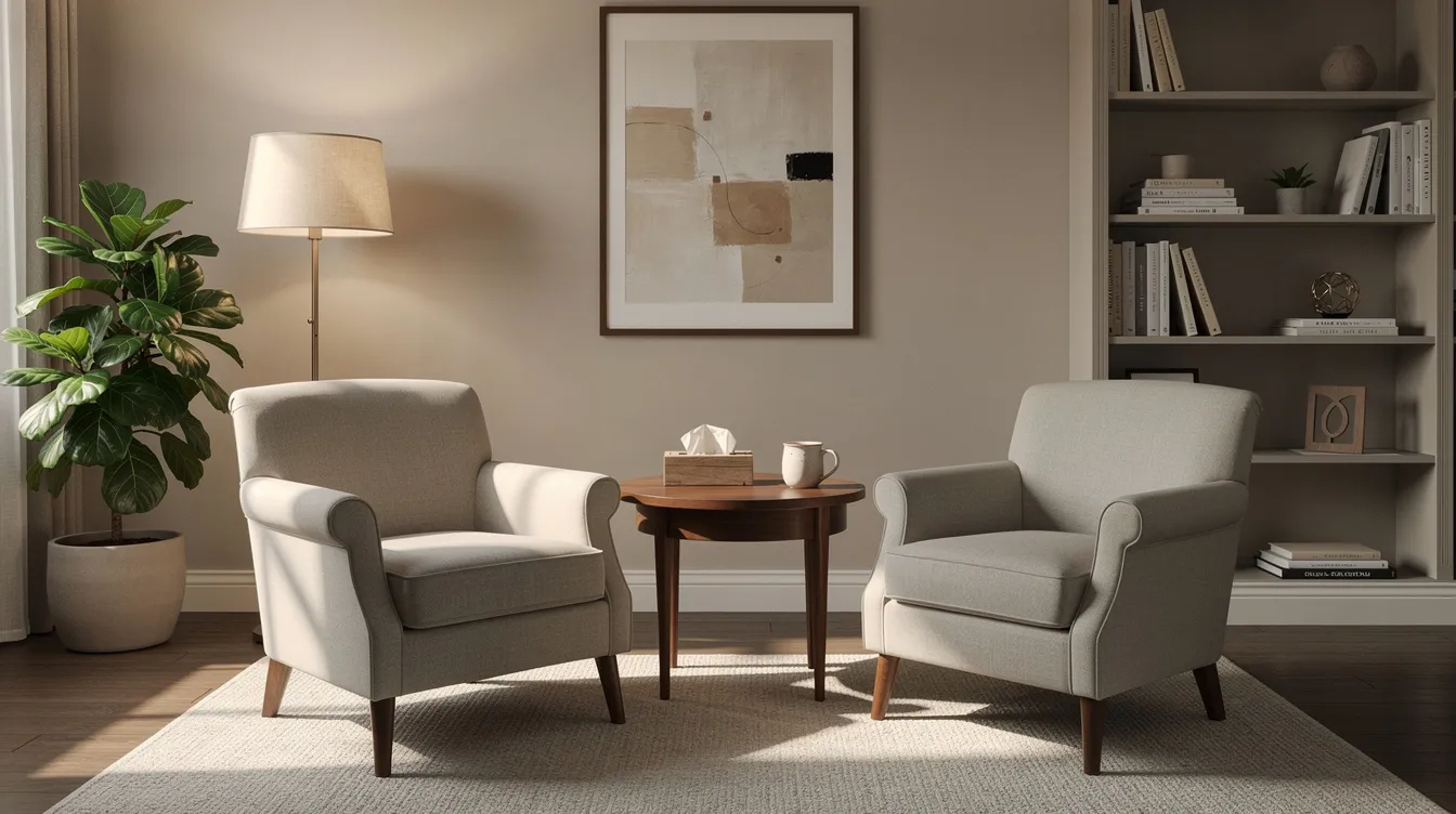The image depicts a serene therapy office featuring comfortable chairs, soft lighting, and a plant, creating a warm and professional atmosphere ideal for mental health support groups. This inviting space encourages participants to share their experiences and develop supportive relationships while addressing mental health challenges.