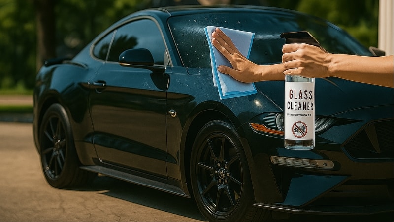Car window tint film being cleaned with glass cleaner