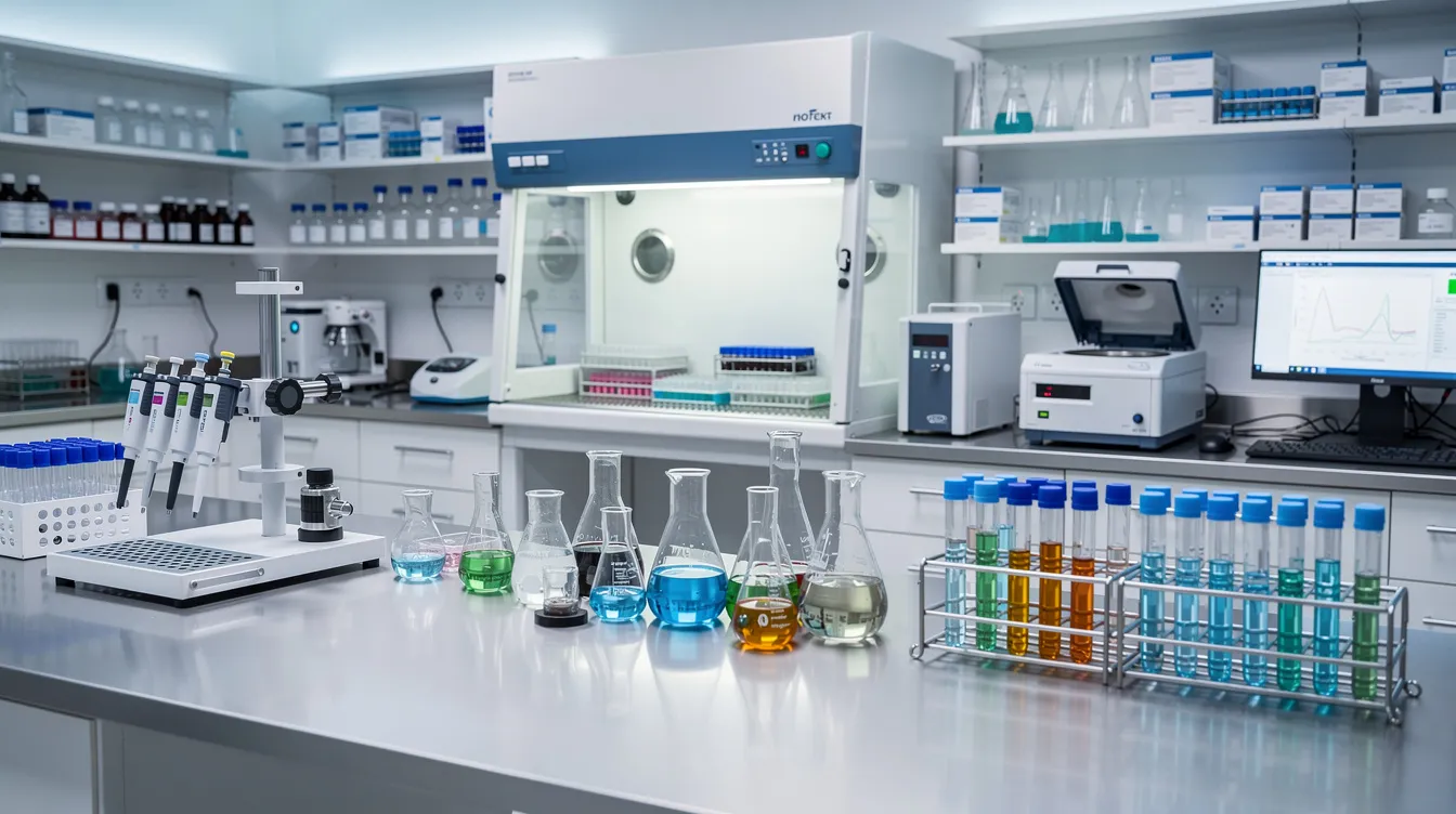 The image depicts a laboratory research setting filled with various scientific equipment, including microscopes and test tubes, focused on studying skin health and aging processes. Researchers may be investigating the effects of hyaluronic acid and nicotinamide mononucleotide (NMN) supplementation on skin elasticity and cellular health, aiming to enhance skin rejuvenation and hydration.